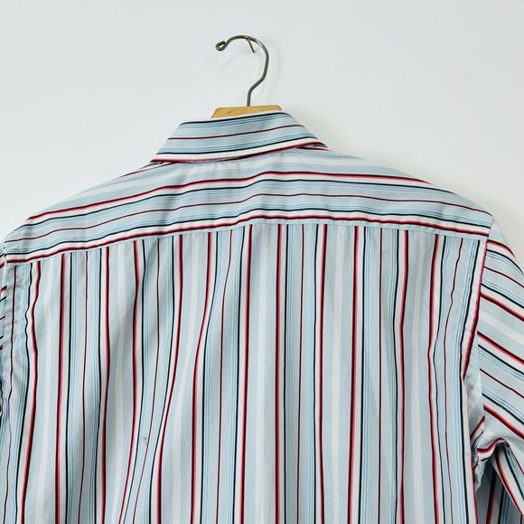 Etro Shirt M UK Blue Red Striped Cotton Tailored Long Sleeve Logo Classic - Picture 12 of 12